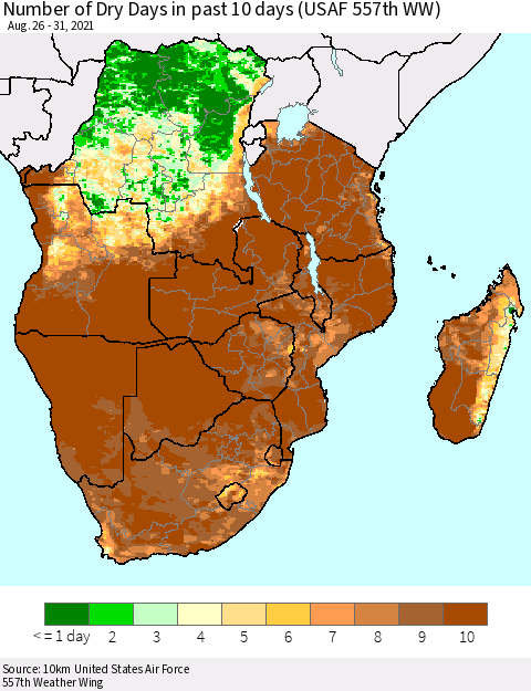 Southern Africa Number of Dry Days in past 10 days (USAF 557th WW) Thematic Map For 8/26/2021 - 8/31/2021