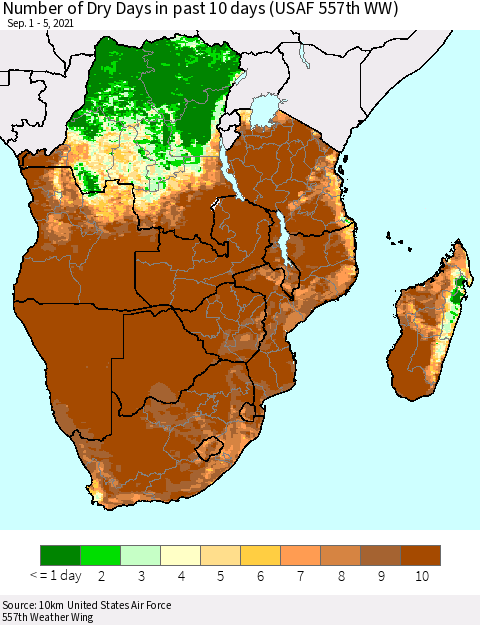 Southern Africa Number of Dry Days in past 10 days (USAF 557th WW) Thematic Map For 9/1/2021 - 9/5/2021