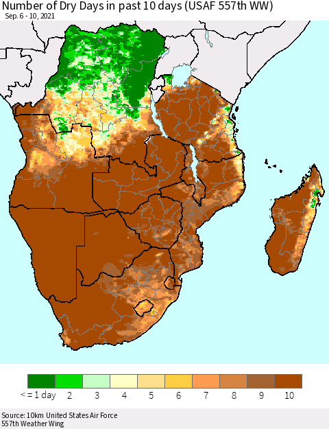 Southern Africa Number of Dry Days in past 10 days (USAF 557th WW) Thematic Map For 9/6/2021 - 9/10/2021