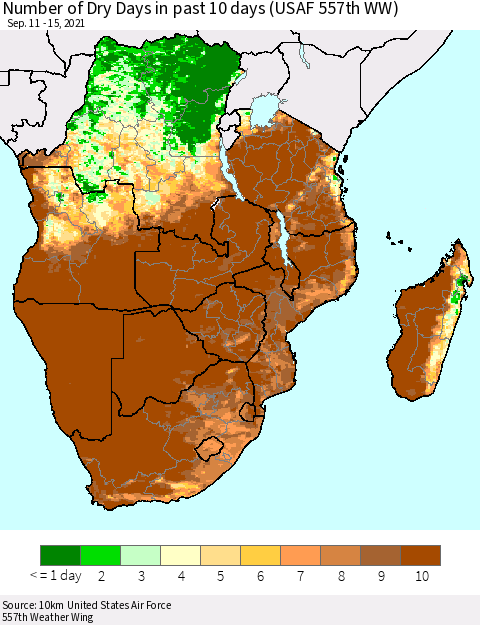 Southern Africa Number of Dry Days in past 10 days (USAF 557th WW) Thematic Map For 9/11/2021 - 9/15/2021