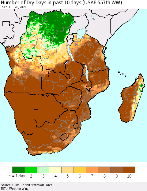 Southern Africa Number of Dry Days in past 10 days (USAF 557th WW) Thematic Map For 9/16/2021 - 9/20/2021