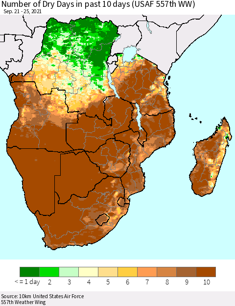 Southern Africa Number of Dry Days in past 10 days (USAF 557th WW) Thematic Map For 9/21/2021 - 9/25/2021