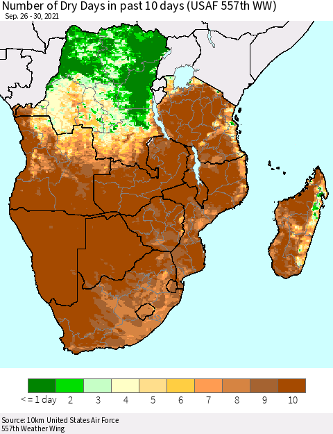 Southern Africa Number of Dry Days in past 10 days (USAF 557th WW) Thematic Map For 9/26/2021 - 9/30/2021