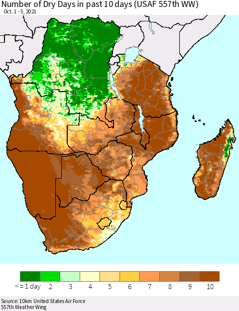 Southern Africa Number of Dry Days in past 10 days (USAF 557th WW) Thematic Map For 10/1/2021 - 10/5/2021