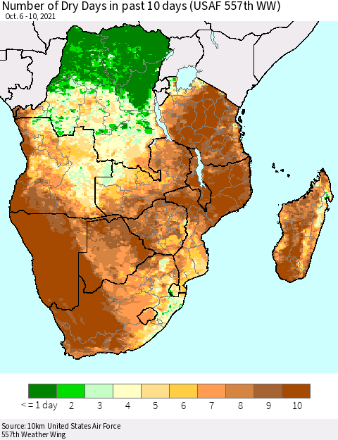 Southern Africa Number of Dry Days in past 10 days (USAF 557th WW) Thematic Map For 10/6/2021 - 10/10/2021