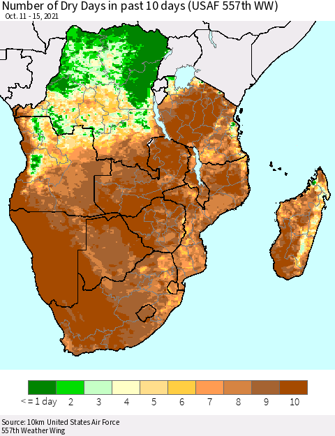 Southern Africa Number of Dry Days in past 10 days (USAF 557th WW) Thematic Map For 10/11/2021 - 10/15/2021