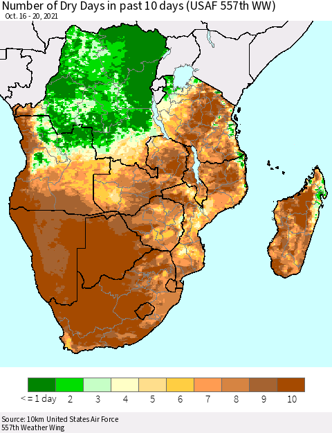 Southern Africa Number of Dry Days in past 10 days (USAF 557th WW) Thematic Map For 10/16/2021 - 10/20/2021