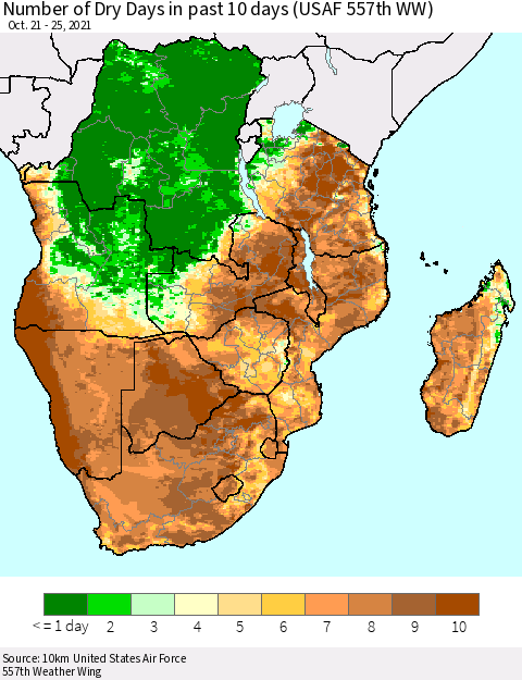 Southern Africa Number of Dry Days in past 10 days (USAF 557th WW) Thematic Map For 10/21/2021 - 10/25/2021