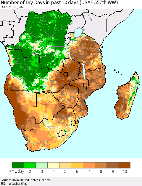 Southern Africa Number of Dry Days in past 10 days (USAF 557th WW) Thematic Map For 10/26/2021 - 10/31/2021