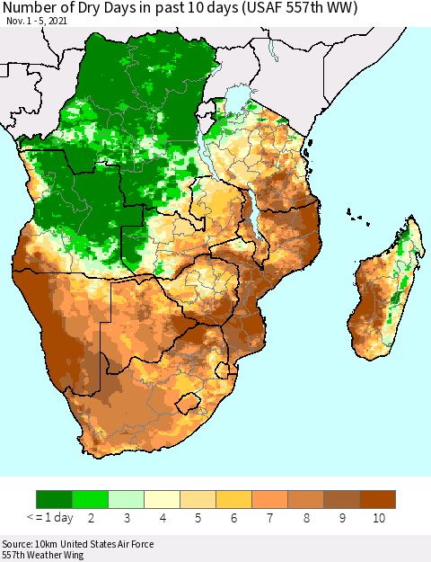 Southern Africa Number of Dry Days in past 10 days (USAF 557th WW) Thematic Map For 11/1/2021 - 11/5/2021