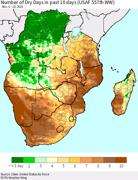 Southern Africa Number of Dry Days in past 10 days (USAF 557th WW) Thematic Map For 11/6/2021 - 11/10/2021