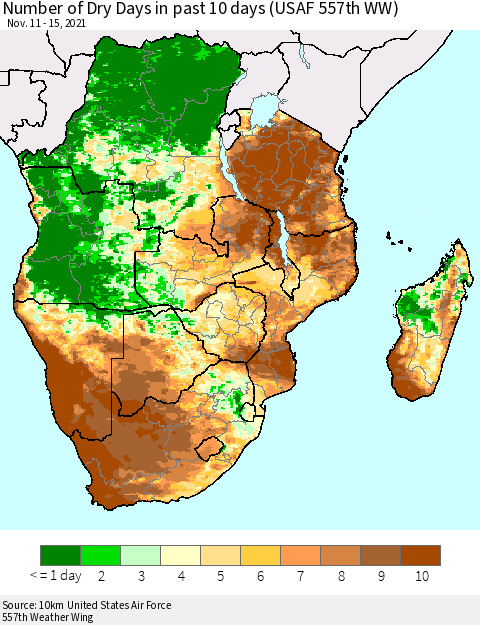 Southern Africa Number of Dry Days in past 10 days (USAF 557th WW) Thematic Map For 11/11/2021 - 11/15/2021