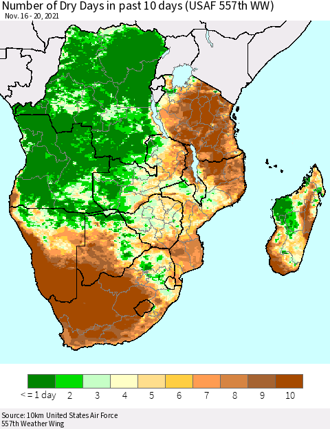 Southern Africa Number of Dry Days in past 10 days (USAF 557th WW) Thematic Map For 11/16/2021 - 11/20/2021