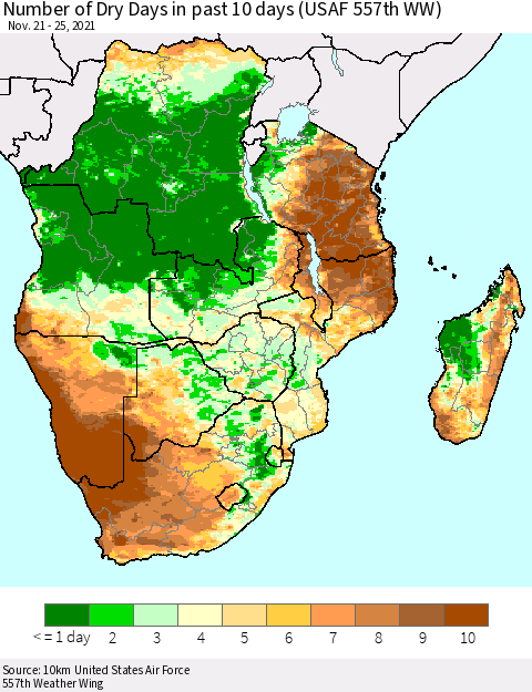 Southern Africa Number of Dry Days in past 10 days (USAF 557th WW) Thematic Map For 11/21/2021 - 11/25/2021