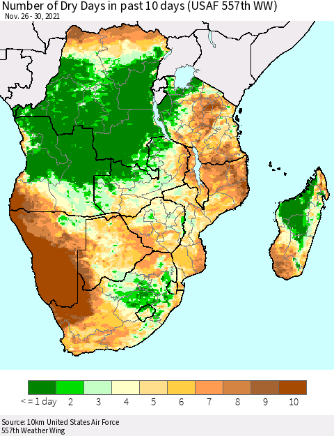 Southern Africa Number of Dry Days in past 10 days (USAF 557th WW) Thematic Map For 11/26/2021 - 11/30/2021