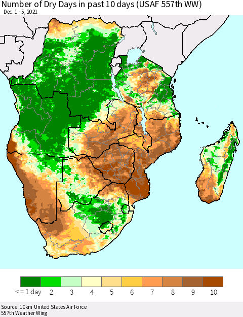 Southern Africa Number of Dry Days in past 10 days (USAF 557th WW) Thematic Map For 12/1/2021 - 12/5/2021