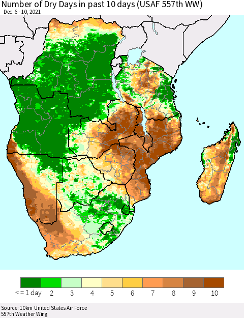 Southern Africa Number of Dry Days in past 10 days (USAF 557th WW) Thematic Map For 12/6/2021 - 12/10/2021