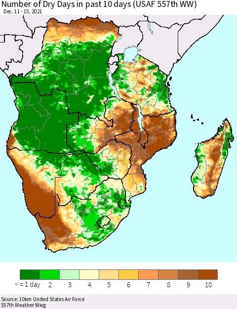 Southern Africa Number of Dry Days in past 10 days (USAF 557th WW) Thematic Map For 12/11/2021 - 12/15/2021