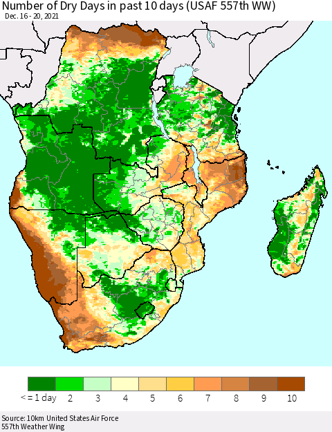 Southern Africa Number of Dry Days in past 10 days (USAF 557th WW) Thematic Map For 12/16/2021 - 12/20/2021