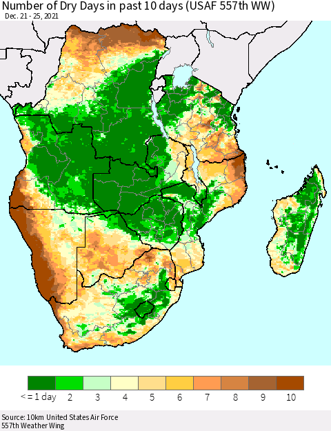 Southern Africa Number of Dry Days in past 10 days (USAF 557th WW) Thematic Map For 12/21/2021 - 12/25/2021