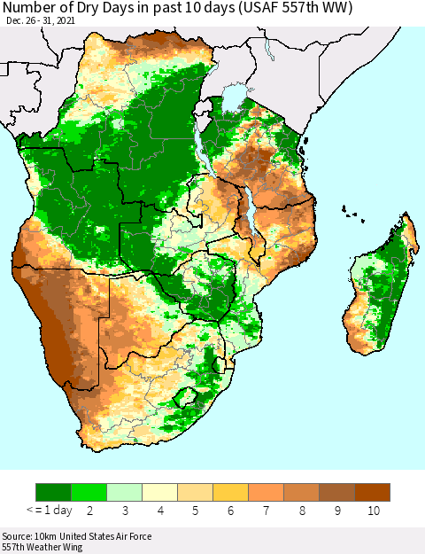 Southern Africa Number of Dry Days in past 10 days (USAF 557th WW) Thematic Map For 12/26/2021 - 12/31/2021