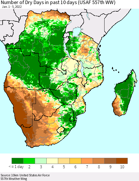 Southern Africa Number of Dry Days in past 10 days (USAF 557th WW) Thematic Map For 1/1/2022 - 1/5/2022
