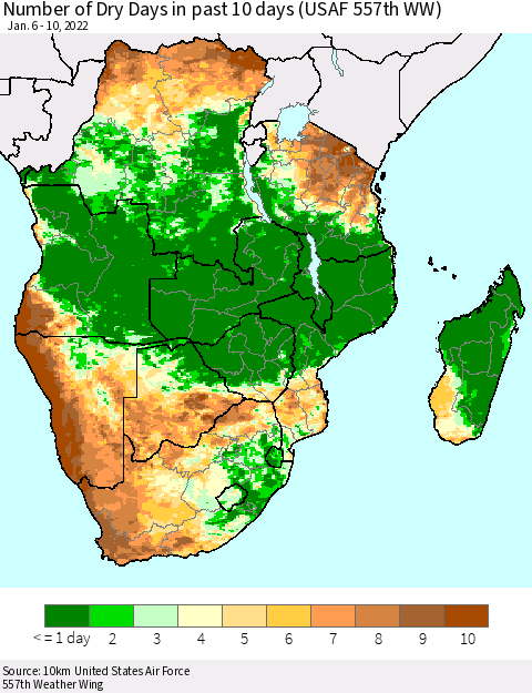 Southern Africa Number of Dry Days in past 10 days (USAF 557th WW) Thematic Map For 1/6/2022 - 1/10/2022