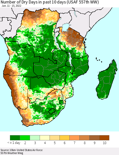 Southern Africa Number of Dry Days in past 10 days (USAF 557th WW) Thematic Map For 1/11/2022 - 1/15/2022