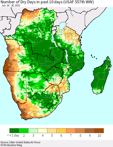 Southern Africa Number of Dry Days in past 10 days (USAF 557th WW) Thematic Map For 1/16/2022 - 1/20/2022