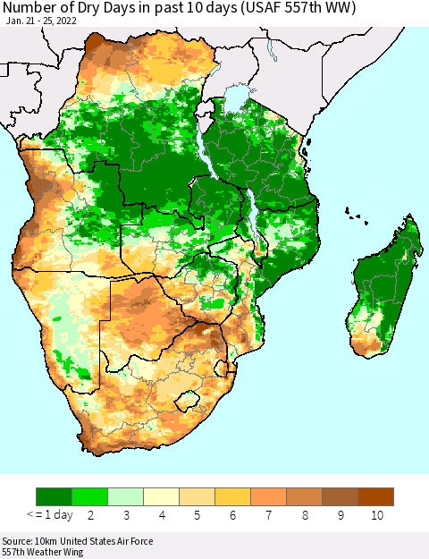 Southern Africa Number of Dry Days in past 10 days (USAF 557th WW) Thematic Map For 1/21/2022 - 1/25/2022