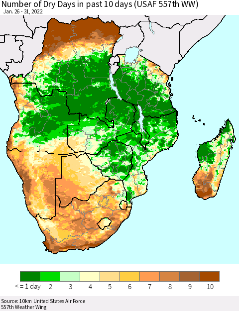 Southern Africa Number of Dry Days in past 10 days (USAF 557th WW) Thematic Map For 1/26/2022 - 1/31/2022