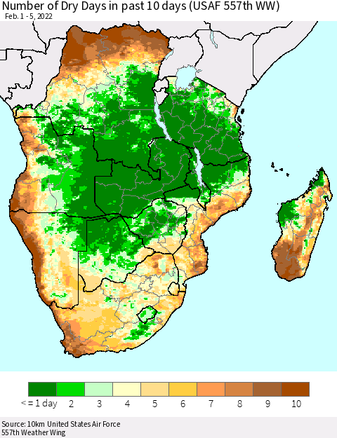 Southern Africa Number of Dry Days in past 10 days (USAF 557th WW) Thematic Map For 2/1/2022 - 2/5/2022
