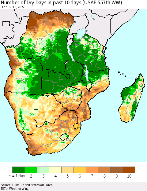Southern Africa Number of Dry Days in past 10 days (USAF 557th WW) Thematic Map For 2/6/2022 - 2/10/2022
