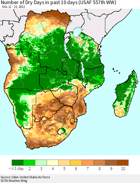 Southern Africa Number of Dry Days in past 10 days (USAF 557th WW) Thematic Map For 2/11/2022 - 2/15/2022