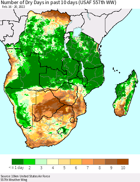 Southern Africa Number of Dry Days in past 10 days (USAF 557th WW) Thematic Map For 2/16/2022 - 2/20/2022