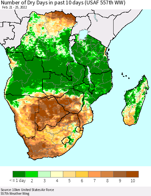 Southern Africa Number of Dry Days in past 10 days (USAF 557th WW) Thematic Map For 2/21/2022 - 2/25/2022