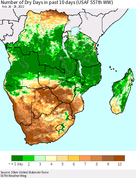 Southern Africa Number of Dry Days in past 10 days (USAF 557th WW) Thematic Map For 2/26/2022 - 2/28/2022
