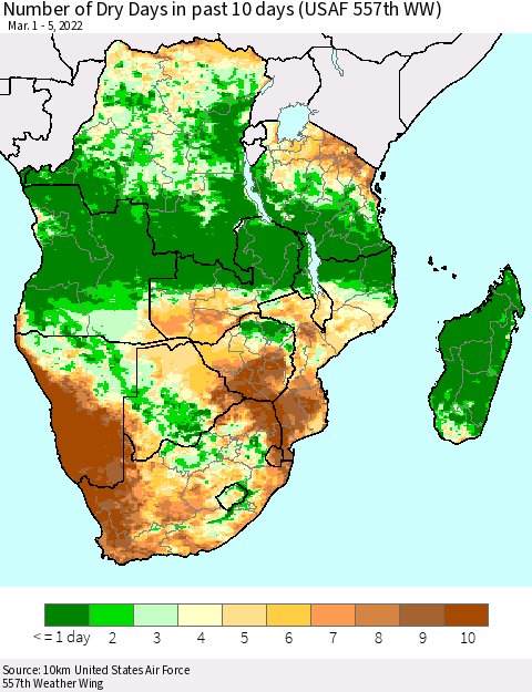 Southern Africa Number of Dry Days in past 10 days (USAF 557th WW) Thematic Map For 3/1/2022 - 3/5/2022