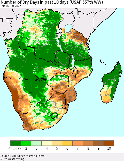 Southern Africa Number of Dry Days in past 10 days (USAF 557th WW) Thematic Map For 3/6/2022 - 3/10/2022