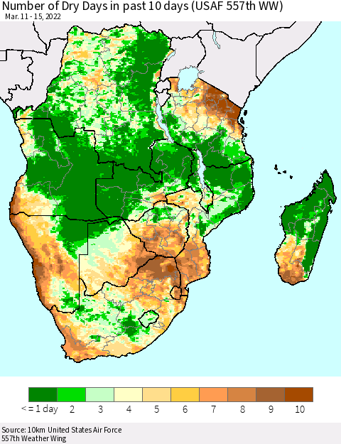 Southern Africa Number of Dry Days in past 10 days (USAF 557th WW) Thematic Map For 3/11/2022 - 3/15/2022