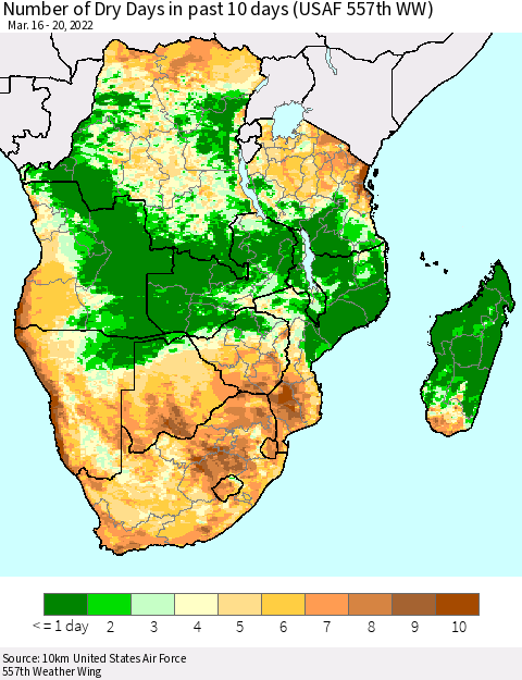 Southern Africa Number of Dry Days in past 10 days (USAF 557th WW) Thematic Map For 3/16/2022 - 3/20/2022