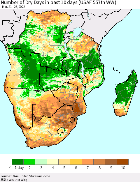 Southern Africa Number of Dry Days in past 10 days (USAF 557th WW) Thematic Map For 3/21/2022 - 3/25/2022