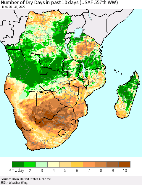 Southern Africa Number of Dry Days in past 10 days (USAF 557th WW) Thematic Map For 3/26/2022 - 3/31/2022