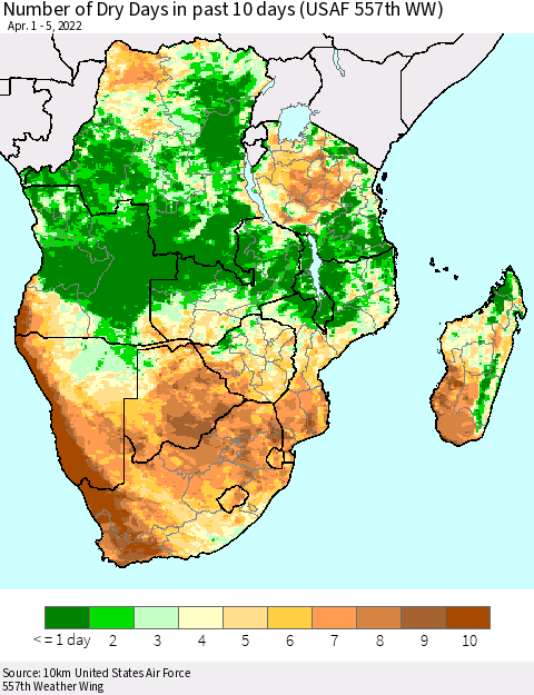 Southern Africa Number of Dry Days in past 10 days (USAF 557th WW) Thematic Map For 4/1/2022 - 4/5/2022