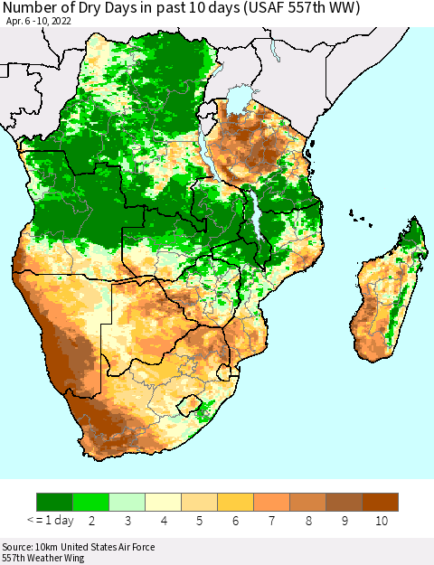Southern Africa Number of Dry Days in past 10 days (USAF 557th WW) Thematic Map For 4/6/2022 - 4/10/2022