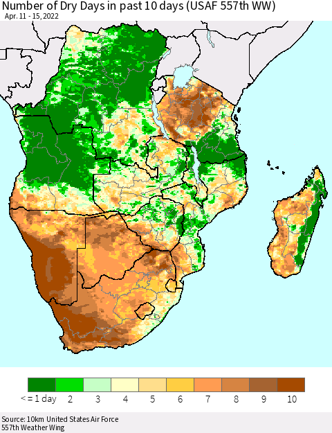 Southern Africa Number of Dry Days in past 10 days (USAF 557th WW) Thematic Map For 4/11/2022 - 4/15/2022