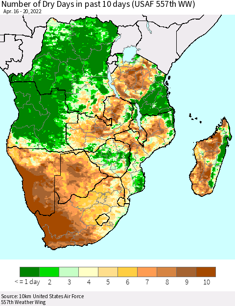Southern Africa Number of Dry Days in past 10 days (USAF 557th WW) Thematic Map For 4/16/2022 - 4/20/2022