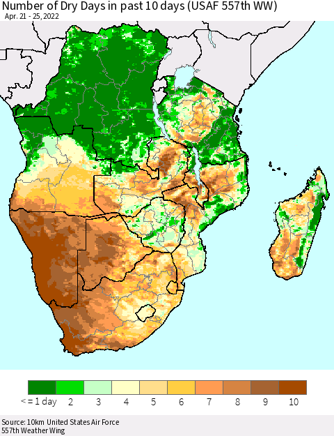 Southern Africa Number of Dry Days in past 10 days (USAF 557th WW) Thematic Map For 4/21/2022 - 4/25/2022
