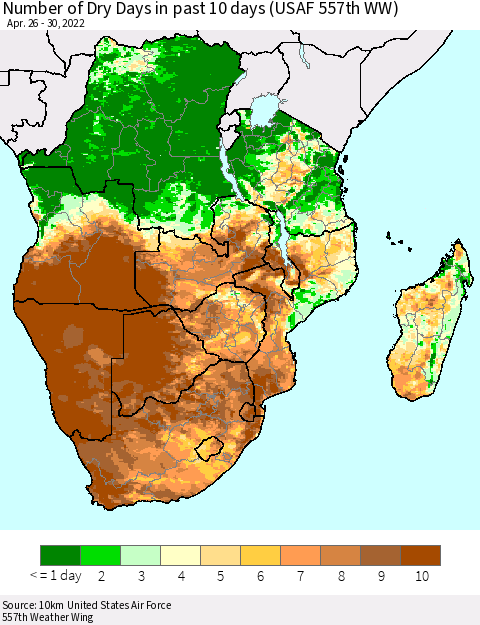 Southern Africa Number of Dry Days in past 10 days (USAF 557th WW) Thematic Map For 4/26/2022 - 4/30/2022