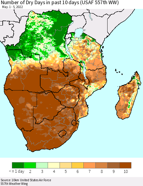 Southern Africa Number of Dry Days in past 10 days (USAF 557th WW) Thematic Map For 5/1/2022 - 5/5/2022